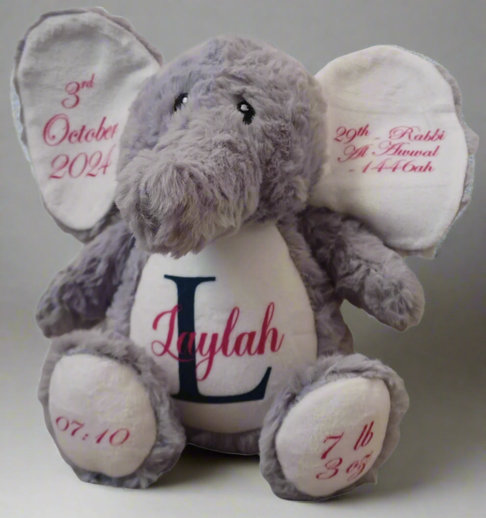 Personalised Monogram Islamic Baby Birth Plush Toys - Bunny Rabbit/Elephant
