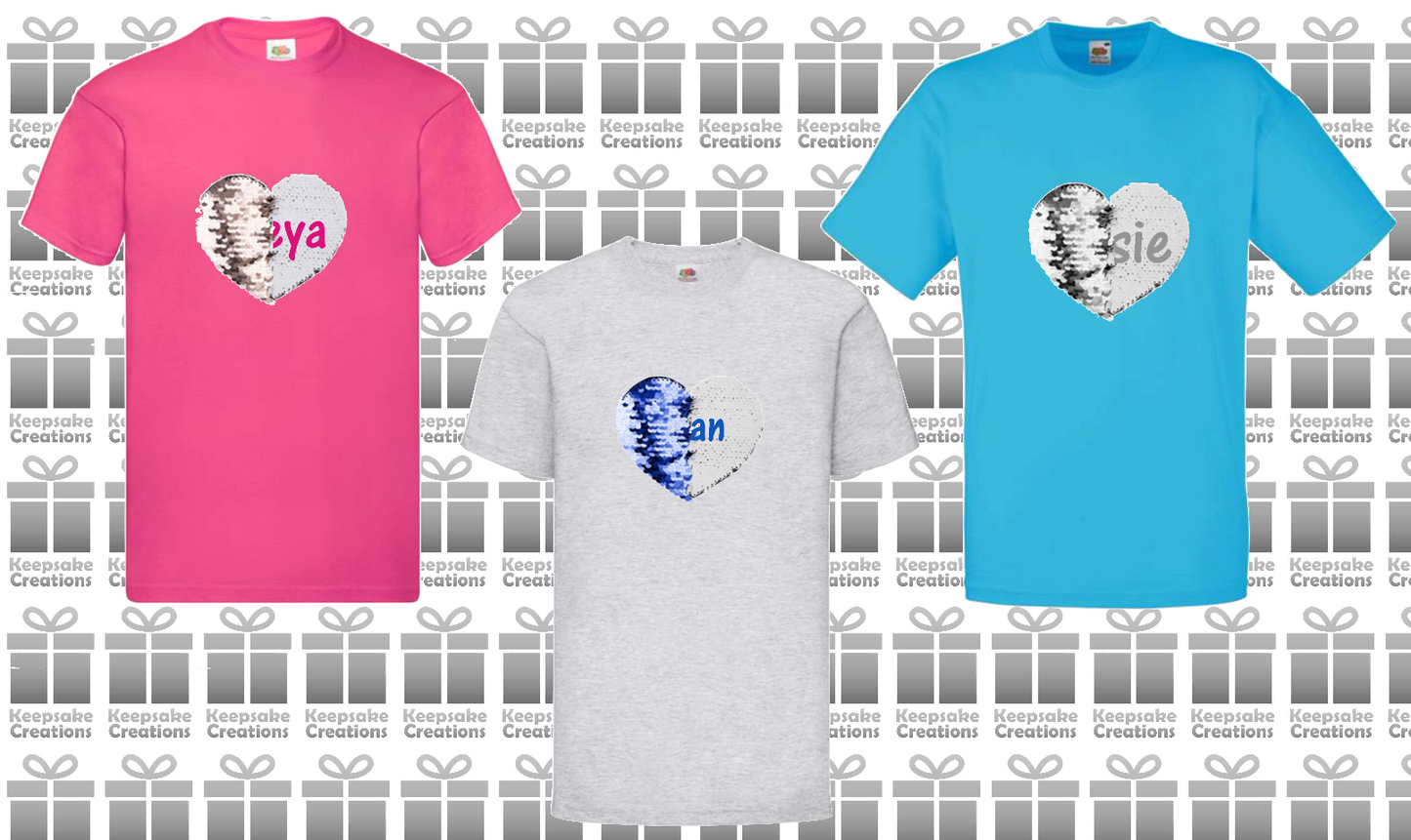 Personalised Unisex Standard Flip Sequin Heart T-shirt #AGP