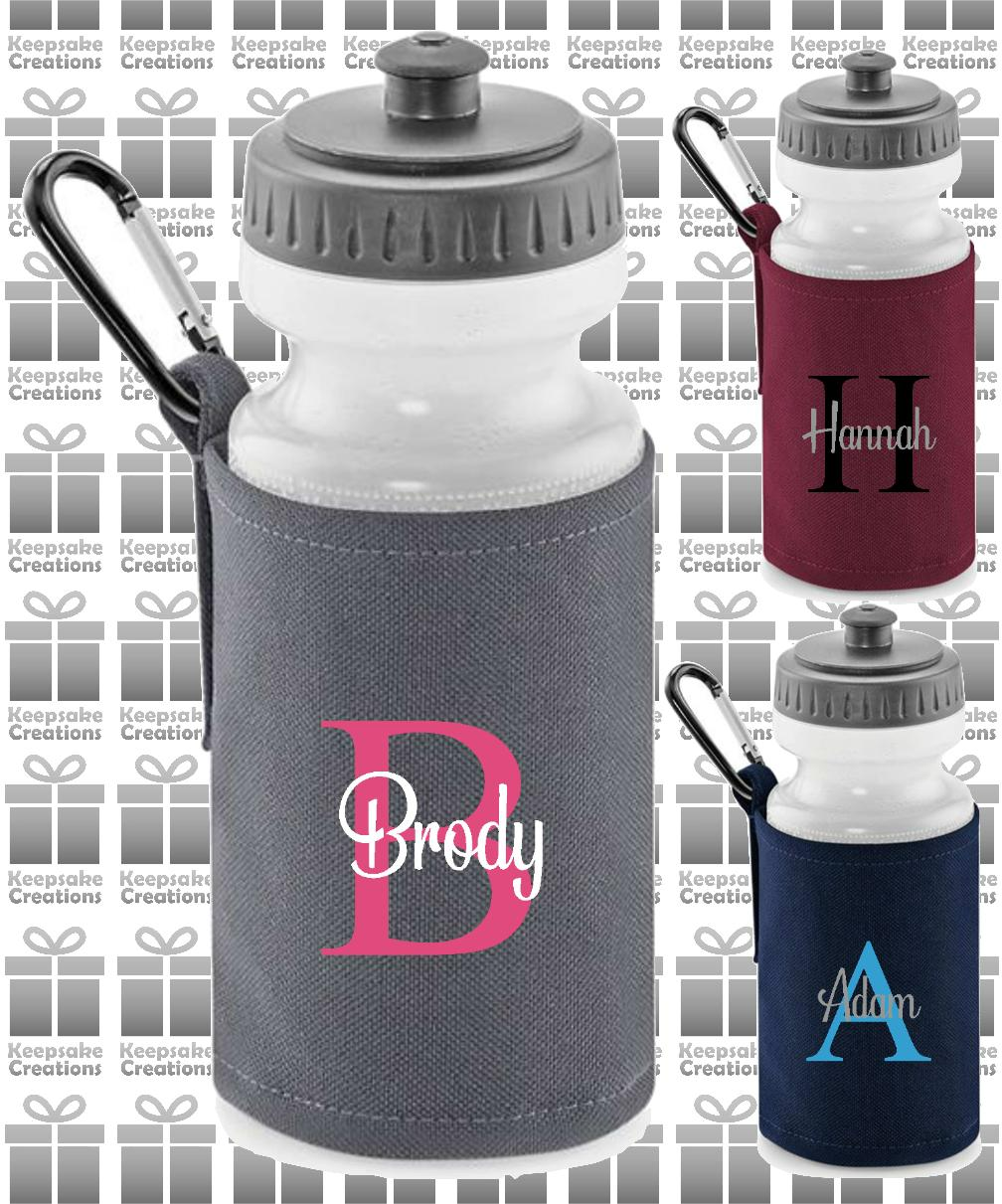 Personalised Monogram CURLY Design Reusable Water Bottle with Holder