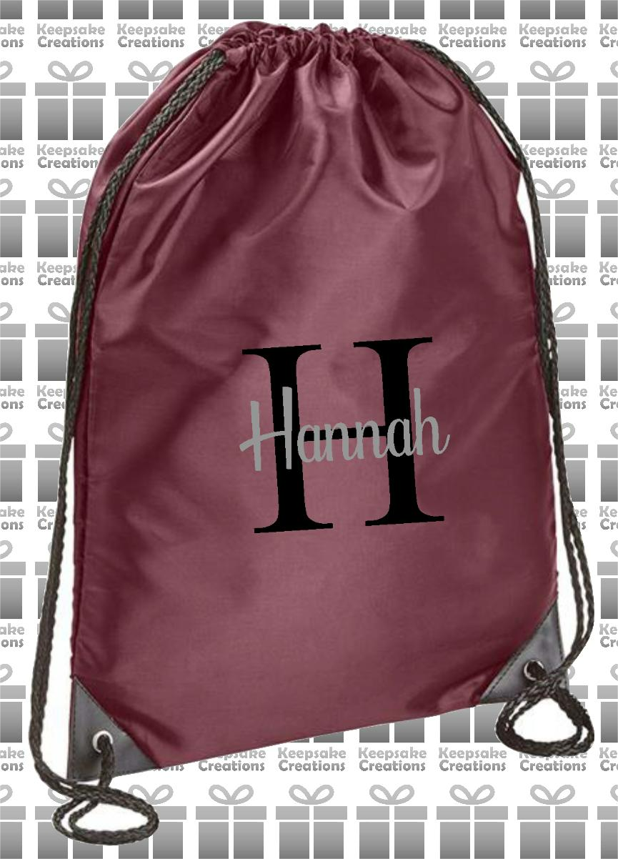 Personalised Monogram CURLY Design Drawstring Gym Bag
