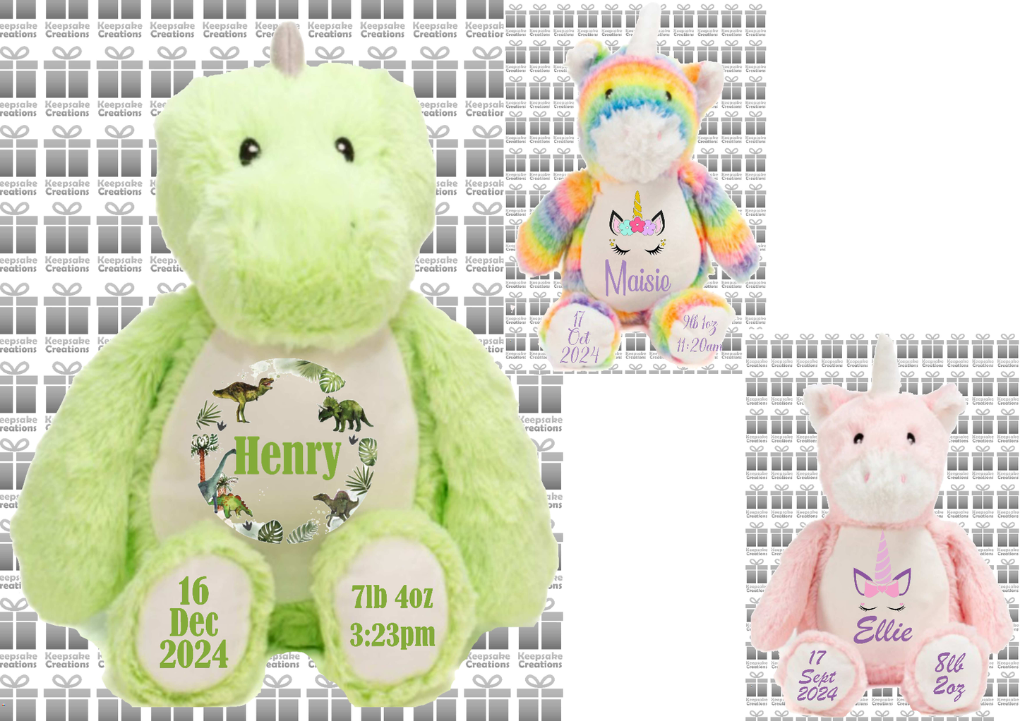 Personalised Baby Birth Plush Toys - Dinosaur/Unicorn