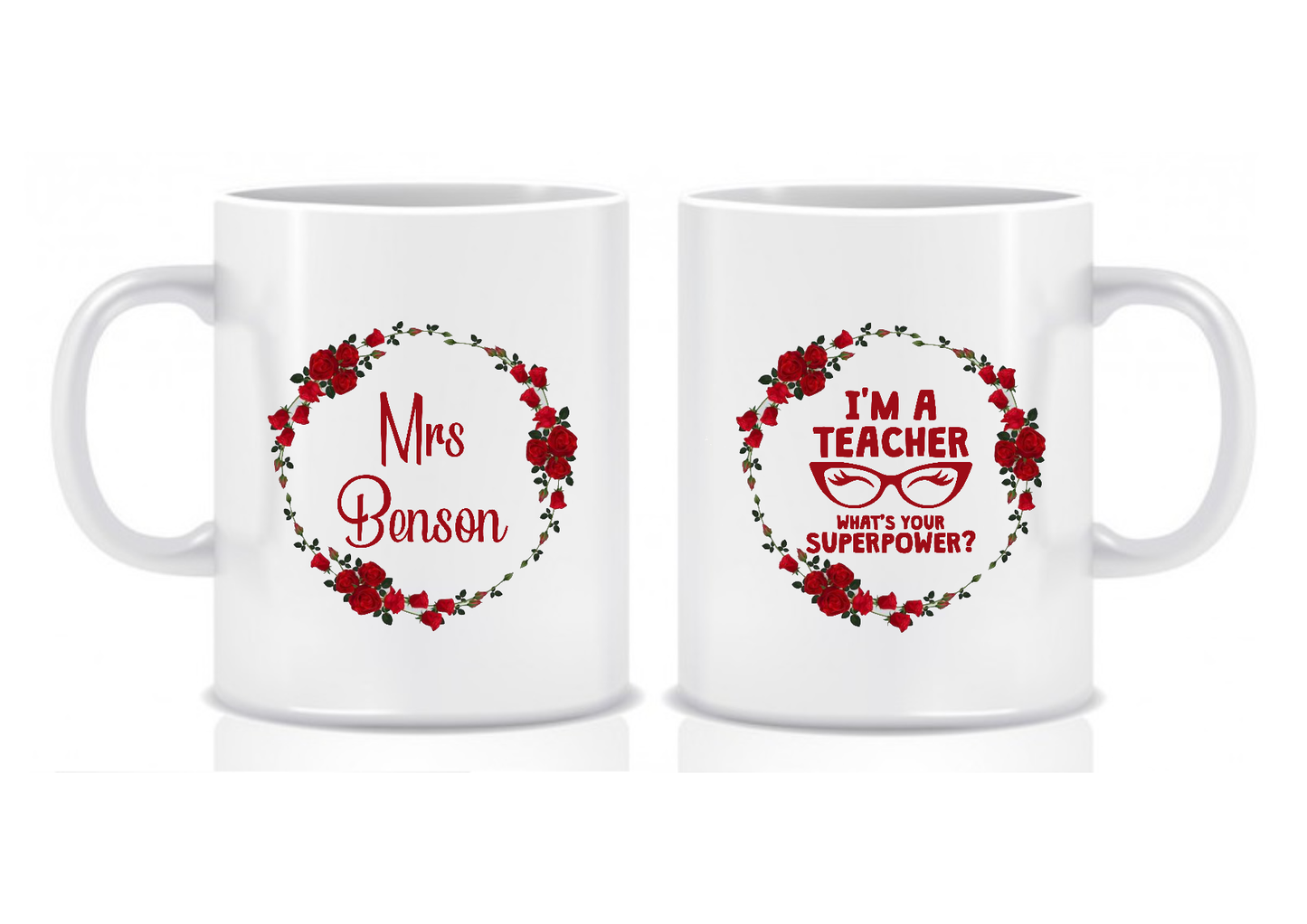 Red Floral Wreath Design Teacher Mug, 'I'm a Teacher What's Your Superpower?'