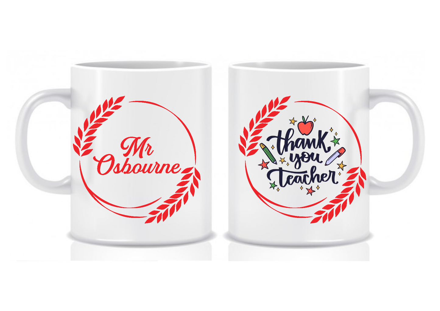Thank You Teacher Mug, White Ceramic, Red Floral Design, Custom Name Gift