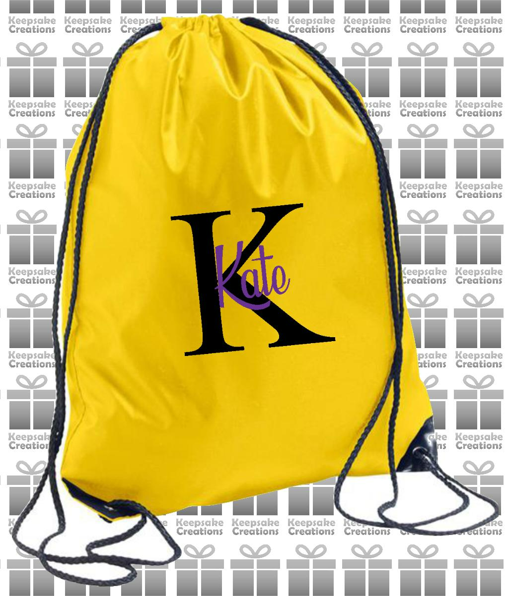Personalised Monogram CURLY Design Drawstring Gym Bag
