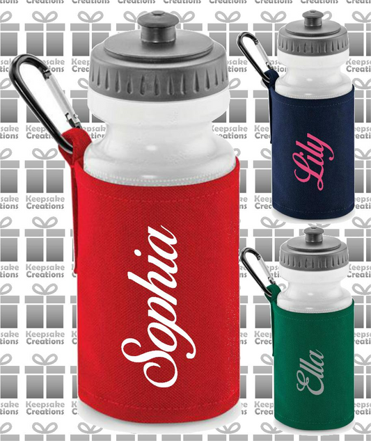 Personalised CURLY Design Reusable Water Bottle with Holder