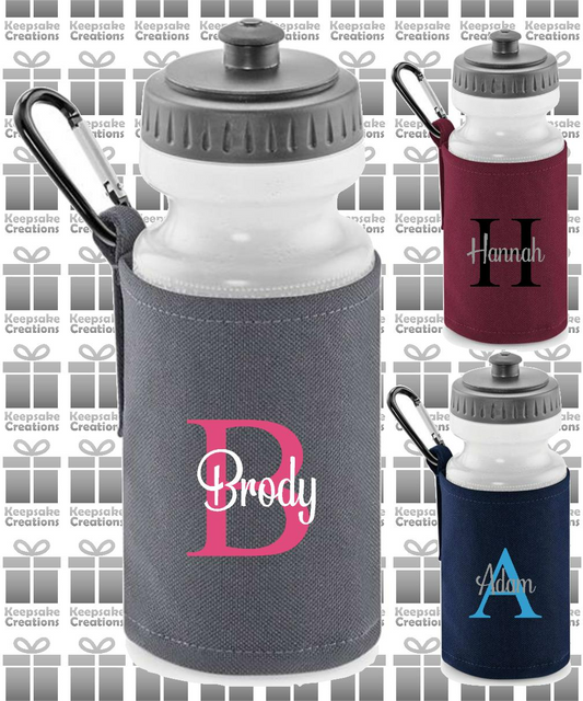 Personalised Monogram CURLY Design Reusable Water Bottle with Holder