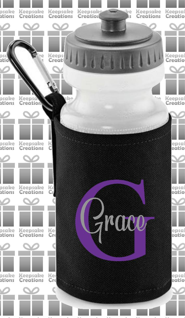 Personalised Monogram CURLY Design Reusable Water Bottle with Holder