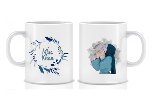 Blue Hijabi Teacher Thank You Mug, Floral Wreath Design