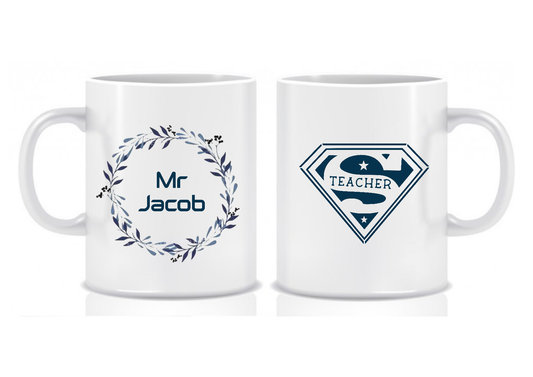 Super Teacher Mug, Blue Laurel Wreath Design, Thank You Gift