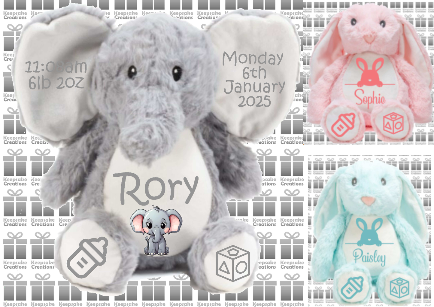 Personalised Baby Birth Plush Toys - Bunny Rabbit/Elephant