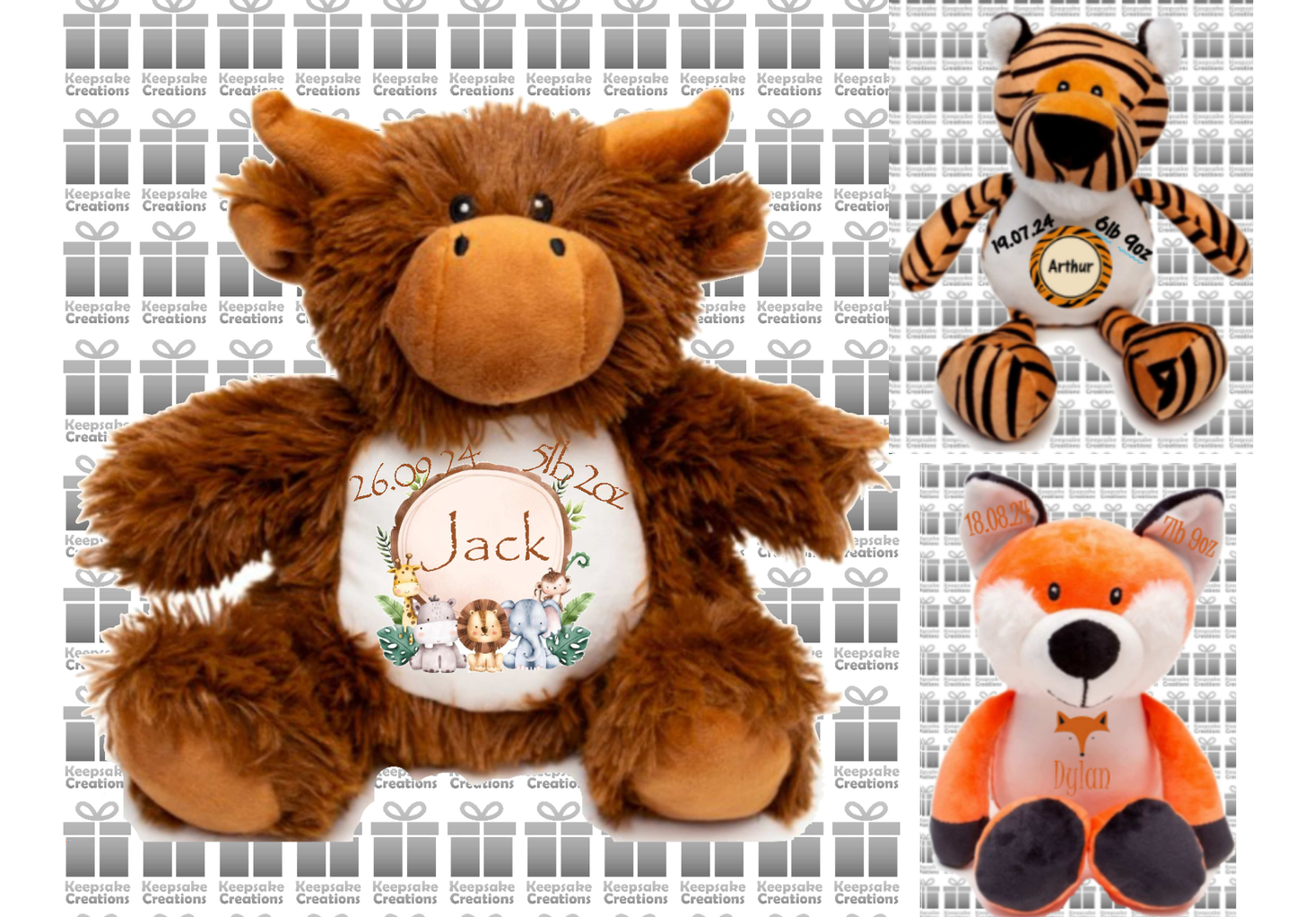 Personalised Baby Birth Plush Toys - Fox/Giraffe/Highland Cow/Lion/Tiger