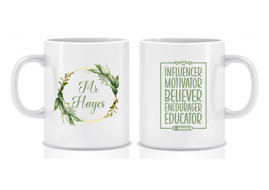 Green Teacher Mug Floral Wreath Design, Influencer Motivator Educator, Thank You Gift
