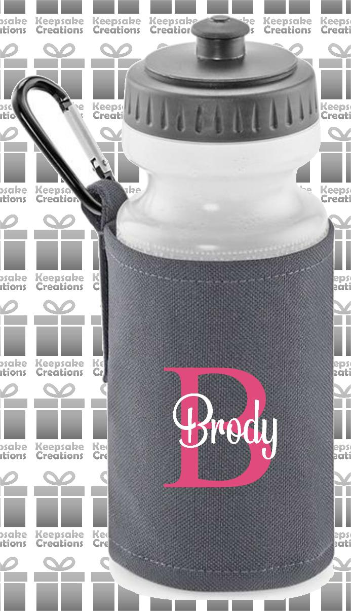 Personalised Monogram CURLY Design Reusable Water Bottle with Holder