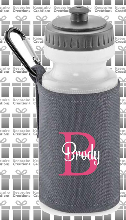 Personalised Monogram CURLY Design Reusable Water Bottle with Holder