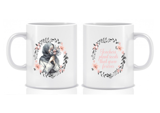 Grey Floral Wreath Hijabi Teacher Thank You Teacher Mug