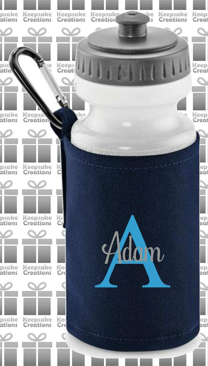 Personalised Monogram CURLY Design Reusable Water Bottle with Holder