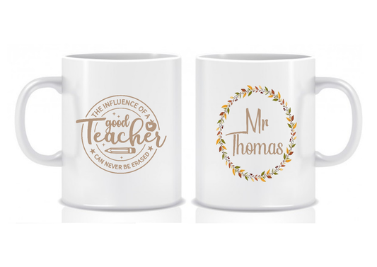 Beige Floral Design Personalised Teacher Mug, 'The Influence of a Good Teacher' Thank You Gift