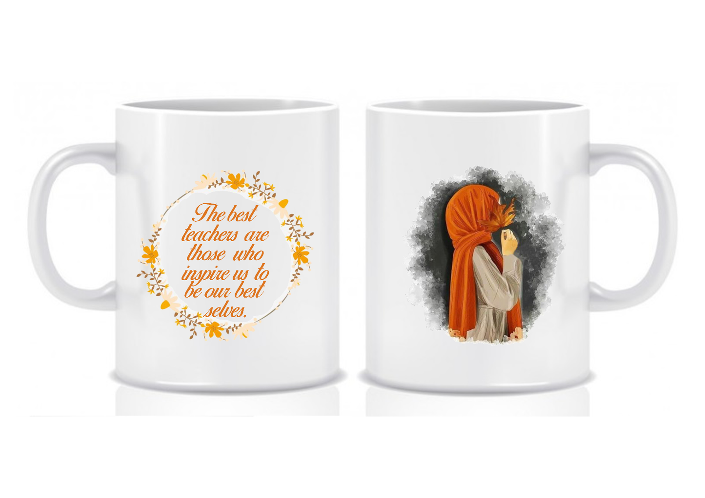 Orange Floral Wreath Design Hijabi Teacher Mug, 'The Best Teachers'