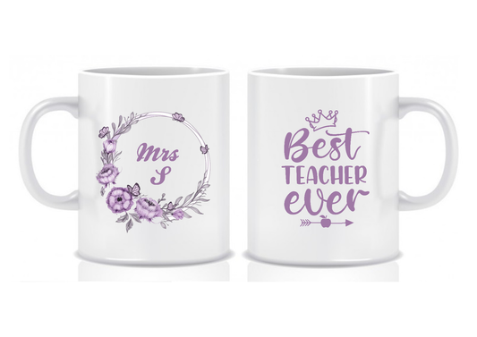 Best Teacher Ever Mug, Purple Lilac Floral Wreath Design, Thank You Teacher Gift