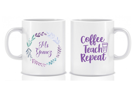 Purple Laurel Wreath Design, Coffee Teach Repeat, Thank You Teacher Gift