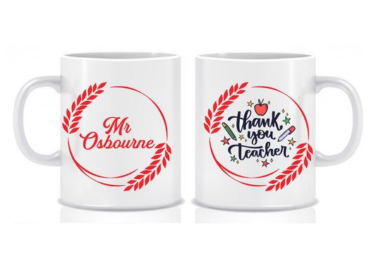 Thank You Teacher Mug, White Ceramic, Red Floral Design, Custom Name Gift