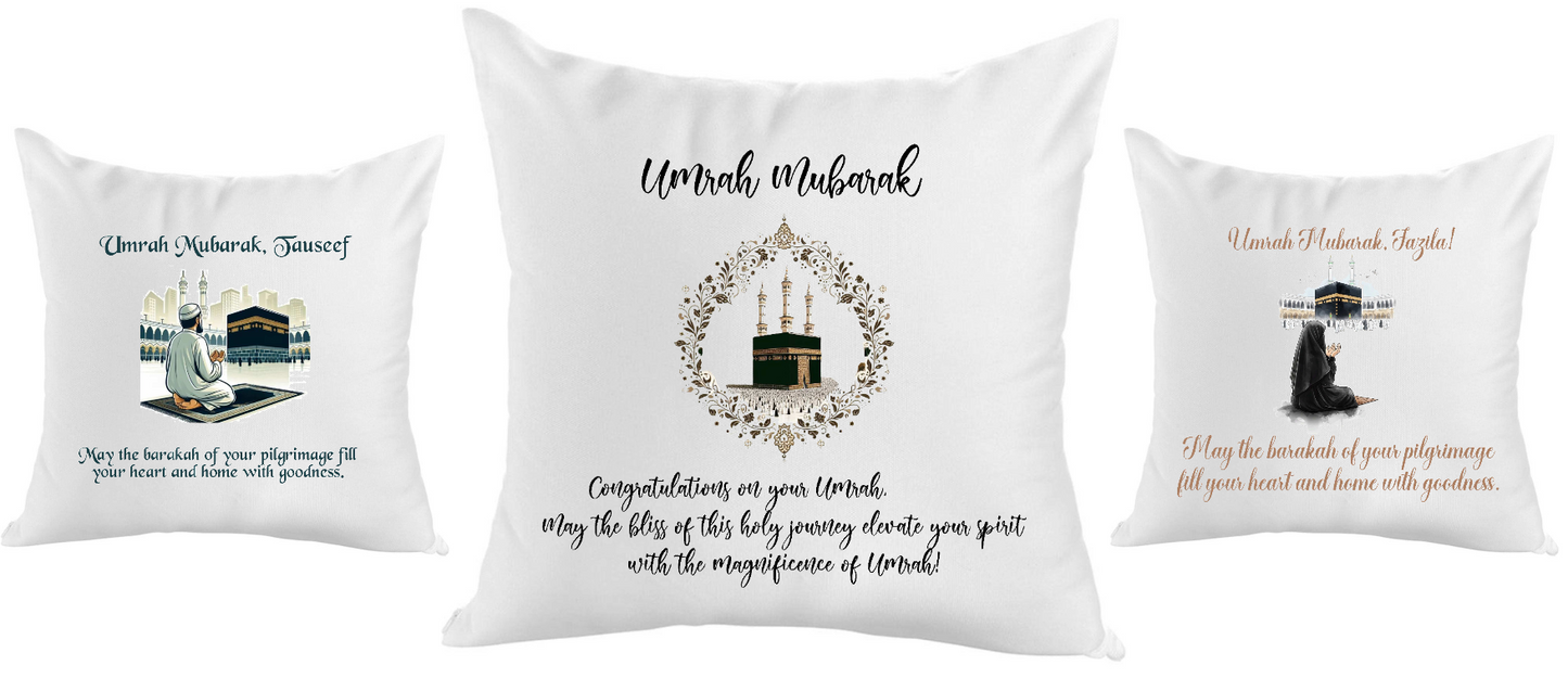 Three white pillows with text and graphics related to Umrah on a white background