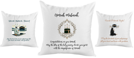 Three white pillows with text and graphics related to Umrah on a white background